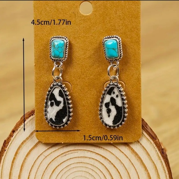 Western Turquoise cow Inlaid Dangle Earrings droplet - Picture 2 of 3